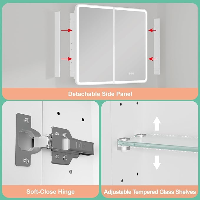 32x30 Inch Medicine Cabinet with Mirror, Recessed or Surface Mount Bathroom Medicine Cabinet with LED Lights, Anti-Fog, Memory Function, Adjustable Shelf, Dimmable Light, ETL Listed, White