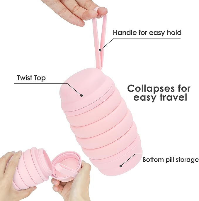 Collapsible Water Bottle, Reusable Water Bottle, 16 oz Water Bottle, Travel Sports, Pill Storage, Silicone Water Bottle, Lunch Bottle, BPA Free, Vitamin Storage. (Pink)