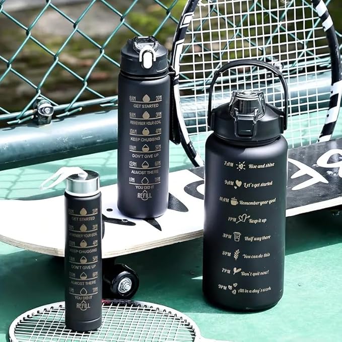 Generic Stay Hydrated in style 3-in-1 Piece Motivational Water Bottle Set with Time Marker, Leak-Proof and BPA-Free Design - Perfect for fitness activities and outdoor adventures!, Black