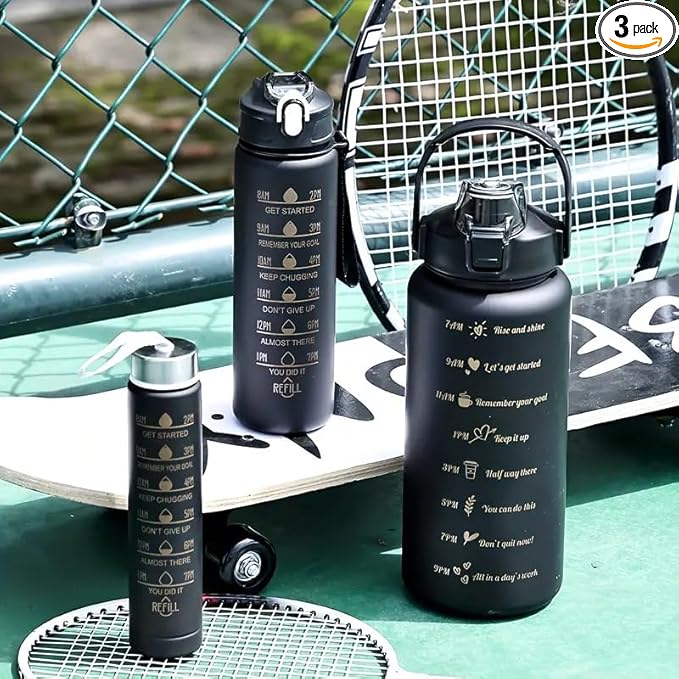 Generic Stay Hydrated in style 3-in-1 Piece Motivational Water Bottle Set with Time Marker, Leak-Proof and BPA-Free Design - Perfect for fitness activities and outdoor adventures!, Black