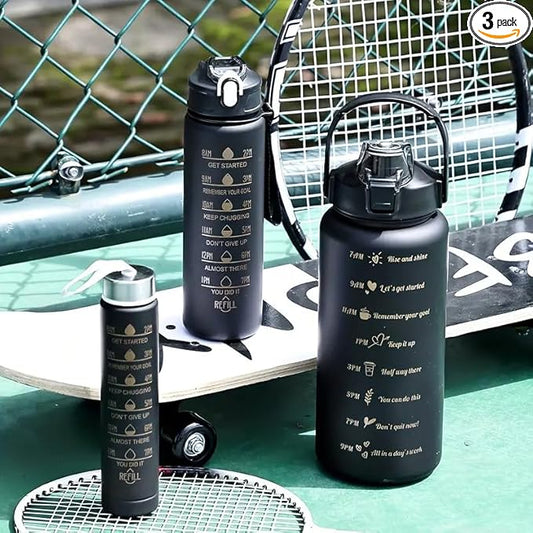 Generic Stay Hydrated in style 3-in-1 Piece Motivational Water Bottle Set with Time Marker, Leak-Proof and BPA-Free Design - Perfect for fitness activities and outdoor adventures!, Black