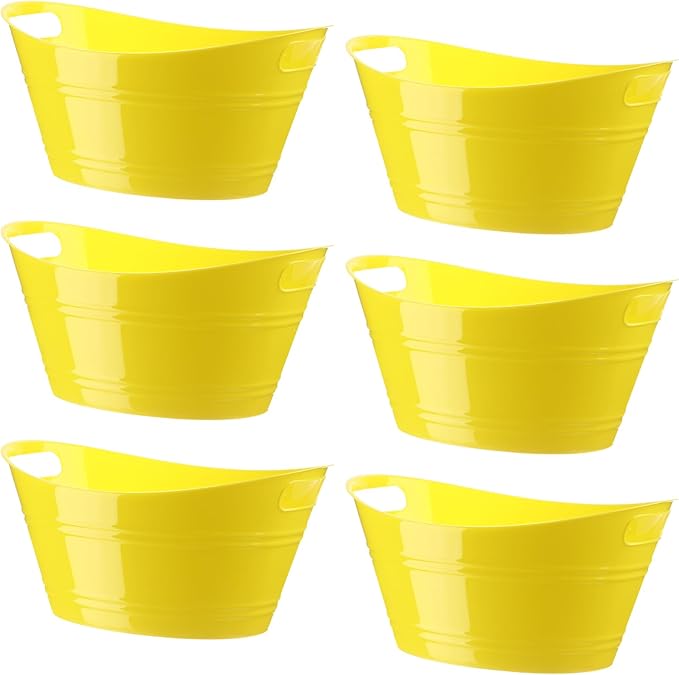 6 Pieces Ice Buckets Bulk, Plastic Ice Buckets with Handles, Oval Storage Tub, Large Capacity Ice Drink Bucket for Party Bar Wine Beer Champagne Beverage Bottle Cooler (Yellow,4.5 Liter)