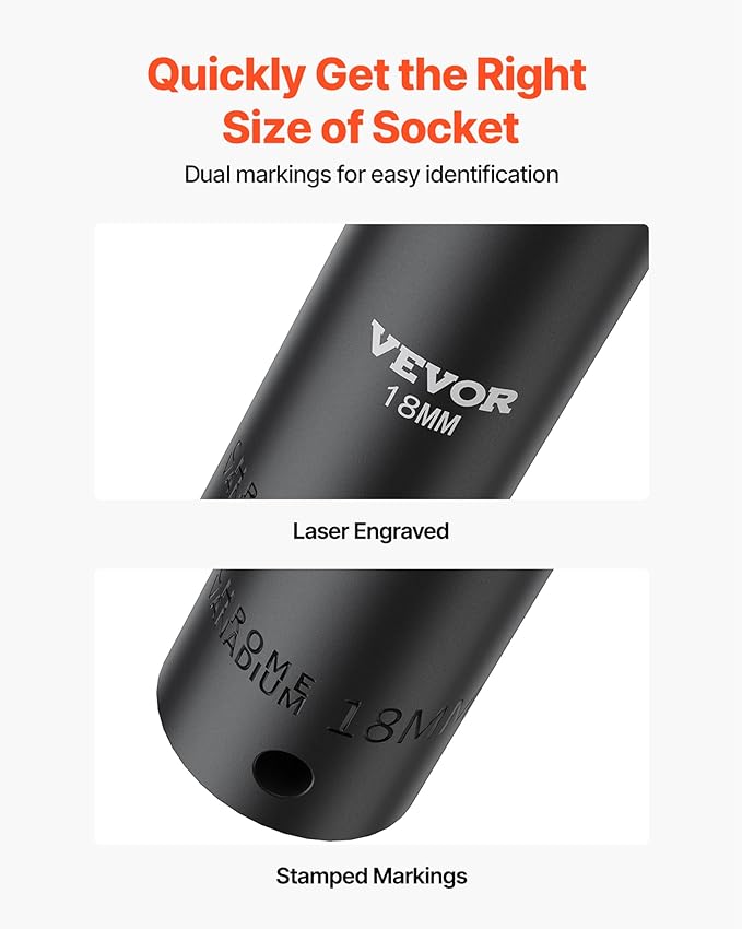 VEVOR Impact Socket Set, 26pcs x 1/2inch Metric 10mm-36mm Impact Sockets, 6-Point Deep Socket Rugged Construction High-torque, Cr-V 1/2 Inches Drive Socket Set Impact with a Storage Cage