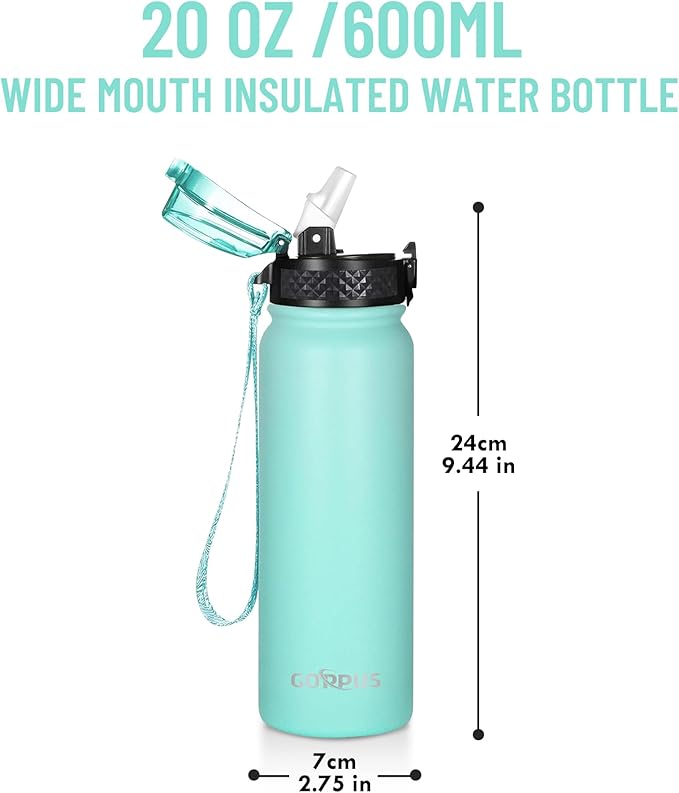 GOPPUS 20 oz Kids Water Bottle with Straw Wide Mouth Lid Leak Proof Double Walled Insulated Stainless Steel Water Bottles with Strap Handle Cup Stickers for Boys Girls School (Green 1 Lid)