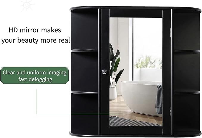 Iwell Bathroom Medicine Cabinet with Mirror, Wall Cabinet with 2 Adjustable Shelves & 6 Open Shelves, Bathroom Cabinet Wall Mounted, Over The Toilet Space Saver Storage Cabinet, Black