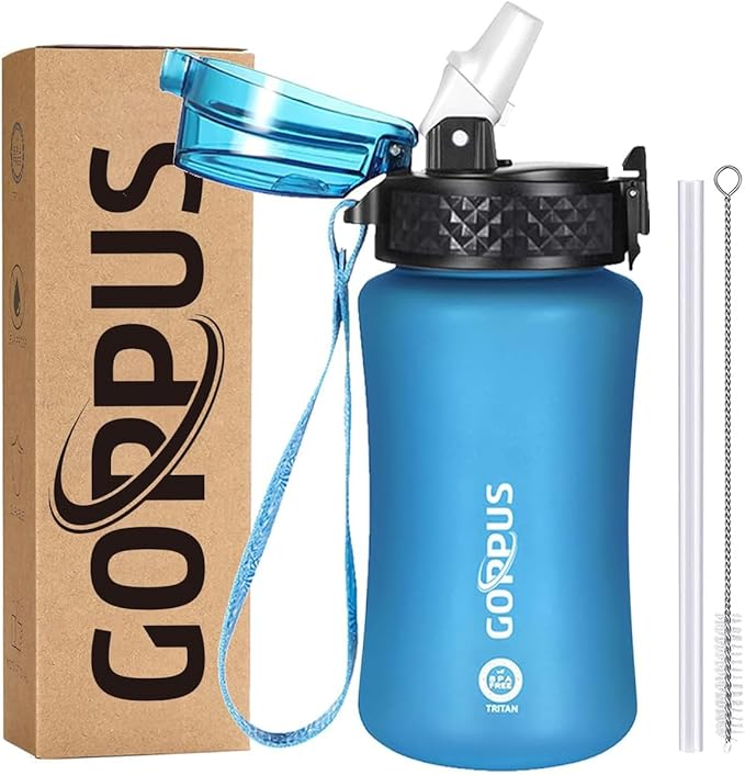 GOPPUS Kids Water Bottle with Straw Spout Lid 10pcs Stickers 12 oz Leak-proof BPA Free Motivational Time Marker Tritan Plastic Water Bottles for Girls Boys School Sports