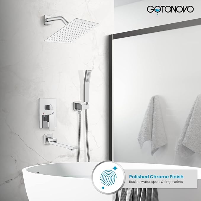 gotonovo Rainfall Tub Shower Faucet Set Bathroom Shower System with Tub Spout Wall Mount Square High Pressure Shower Fixtures with Handheld Sprayer Rough-In Valve 8'' Shower Head,Polished Chrome