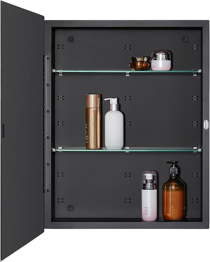 Black Bathroom Medicine Cabinet with Beveled Edge Mirrored Door 20 x 26 inch, Recessed or Surface Mount, with Adjustable Glass Shelves