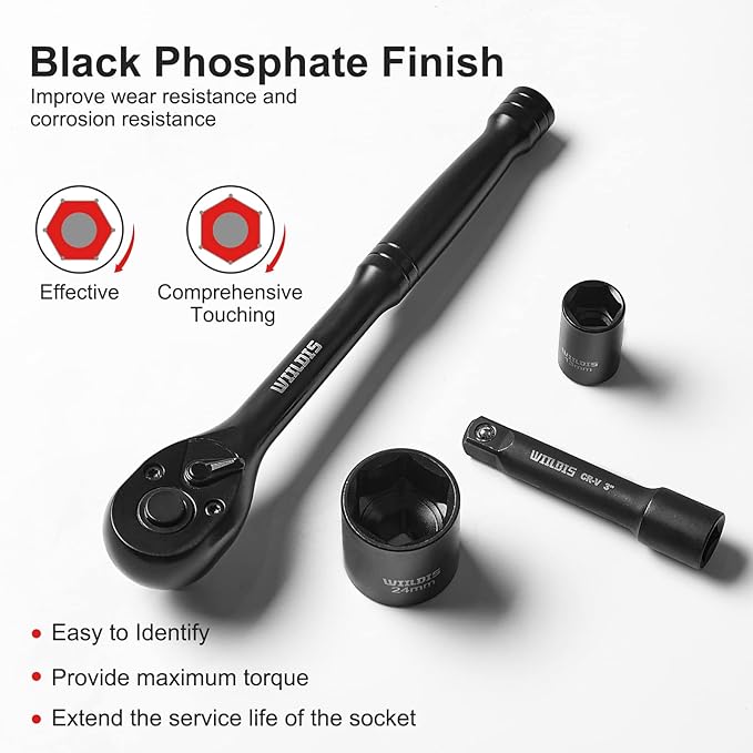 Impact Socket Set, 33-Piece, 3/8" Drive Socket Set with 72 Teeth Reversible Ratchet Wrench, CR-V, 6 Point, SAE/Metric, 5/16 Inch - 7/8 Inch, 6mm - 24mm, Mechanic Tool Kits for Men