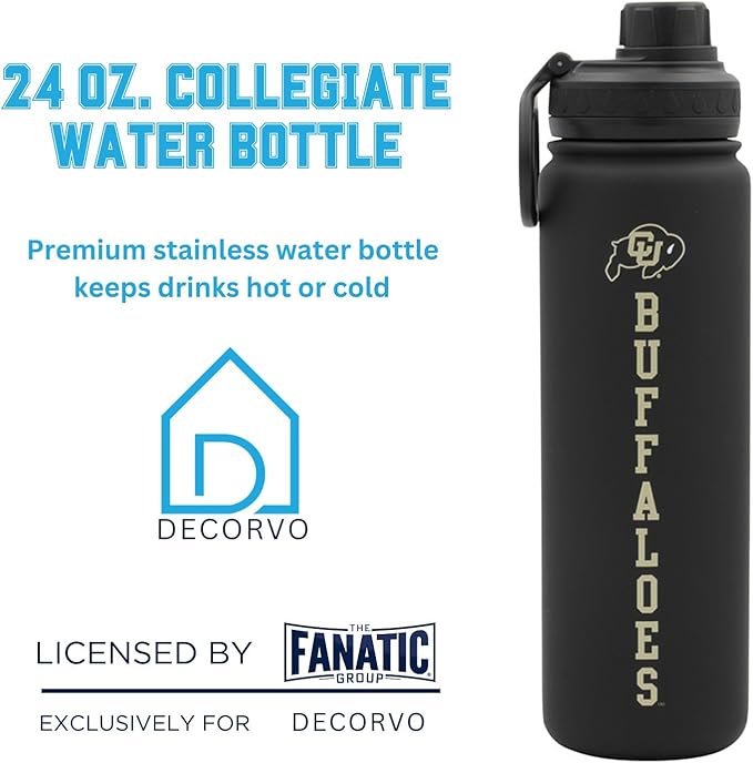 Colorado Buffaloes Water Bottle - Black Double Walled Stainless Steel 24 oz Keeps Drinks Cold or Hot
