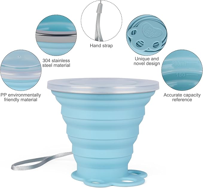 Silicone Collapsible Travel Cup Small 270ml Folding Drinking Cups Silicone Folding Camping Cup for Outdoor Hiking Travel （Blue and Grey,2Pack