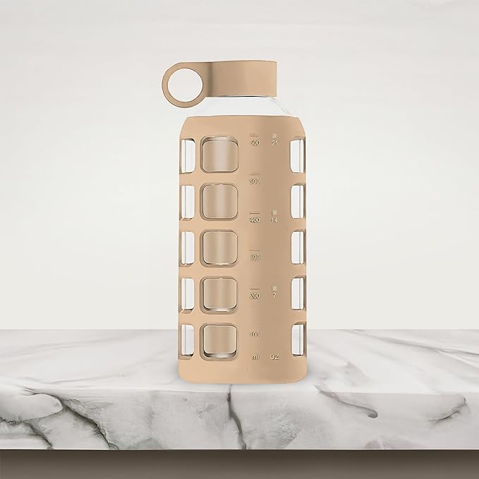 purifyou Premium Glass Water Bottles, 40/32 / 22/12 oz Reusable Drinking Bottle with Time & Volume Markings Silicone Sleeve & Stainless Steel Lid for Water, Coffee, & Fruit Juice (22oz Iced Coffee)