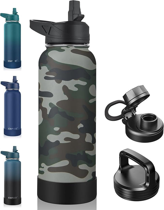 CIVAGO 40 oz Insulated Water Bottle With Straw, Stainless Steel Sports Water Flask Cup with 3 Lids (Straw, Portable Spout and Handle Lid), Double Walled Travel Thermal Canteen Mug, Camo