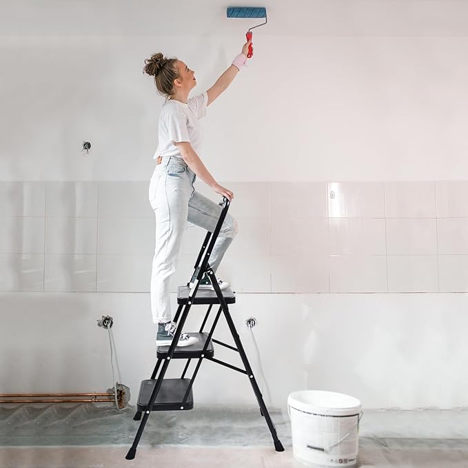 Wiberwi 3 Step Ladder Folding Step Stool for Adults with Top Handrail 330 Lbs Capacity, Lightweight & Portable Step 3 Stool Ladders with Wide Pedal for Home Kitchen Sturdy Steel Frame Black