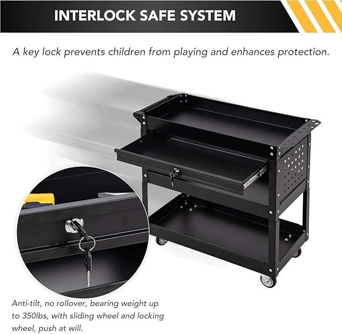 SUN & SUMMER Tool Chest with Wheels, Rolling 3-Tier Tool Cart with Wheels 330 LBS Capacity Heavy Duty Utility Industrial Service Cart with Locking System Drawer for Garage, Warehouse & Repair Shop