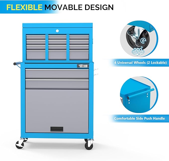 TUFFIOM 8-Drawer Rolling Tool Chest, Tool Storage Cabinet w/Lockable Wheels, Detachable Top, Drawers & Side Hooks, Mechanic Tool Organizer Box for Garage Warehouse Repair Shop