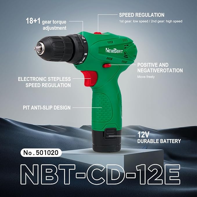NEWBEAT Cordless Drill Set, 12V Power Drill Driver with Battery and Charger, 3/8" Keyless Chuck, 2 Variable Speed, 18+1 Torque Setting, Cordless Drill Driver Kit for Home and DIY Project