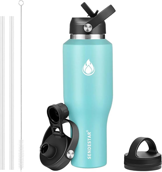 SENDESTAR 40oz Stainless Steel Water Bottle(Cold for 48 Hrs, Hot for 24 Hrs),Double Wall Vacuum Insulated Bottle with Straw Lid, Spout Lid and Flex Cap, Fit in Any Car Cup Holder，Mint