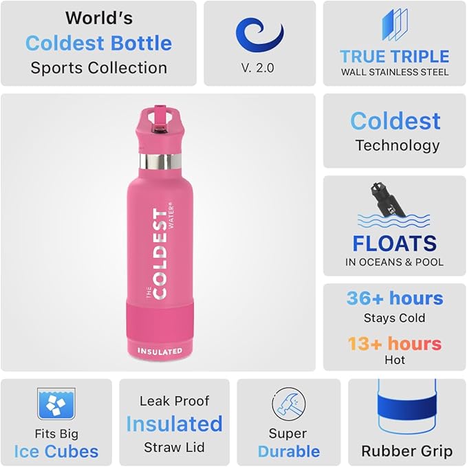 Coldest Water Bottle with Standard Mouth Straw Lid Metal Thermos Vacuum Insulated Stainless Steel l Reusable Leak Proof Cupholder Flask (21 oz, Flamingo Pink)
