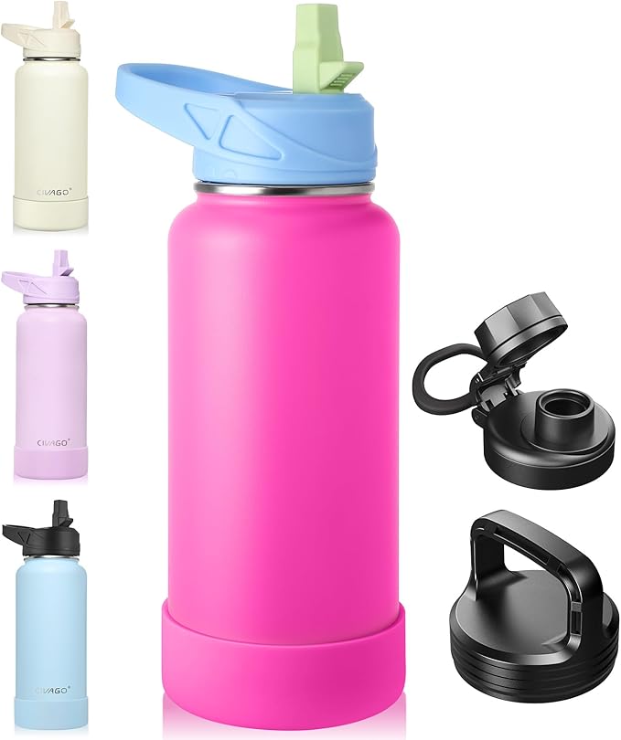 CIVAGO 32 oz Insulated Water Bottle With Straw, Stainless Steel Sports Water Flask Cup with 3 Lids (Straw, Spout and Handle Lid), Double Walled Travel Thermal Canteen Mug, Raspberry Vibes