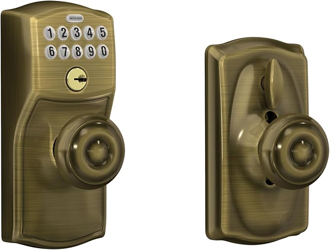 SCHLAGE FE595 CAM 609 GEO Camelot Keypad Entry with Flex-Lock and Georgian Style Knobs, Antique Brass