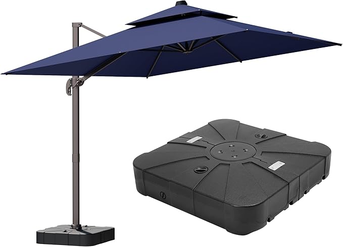 9x12FT Navy Cantilever Outdoor Patio Umbrella with Base, Large Rectangular Offset Design, Double Top Heavy Duty Aluminum Frame & 360° Rotation for Pool Garden Deck Backyard