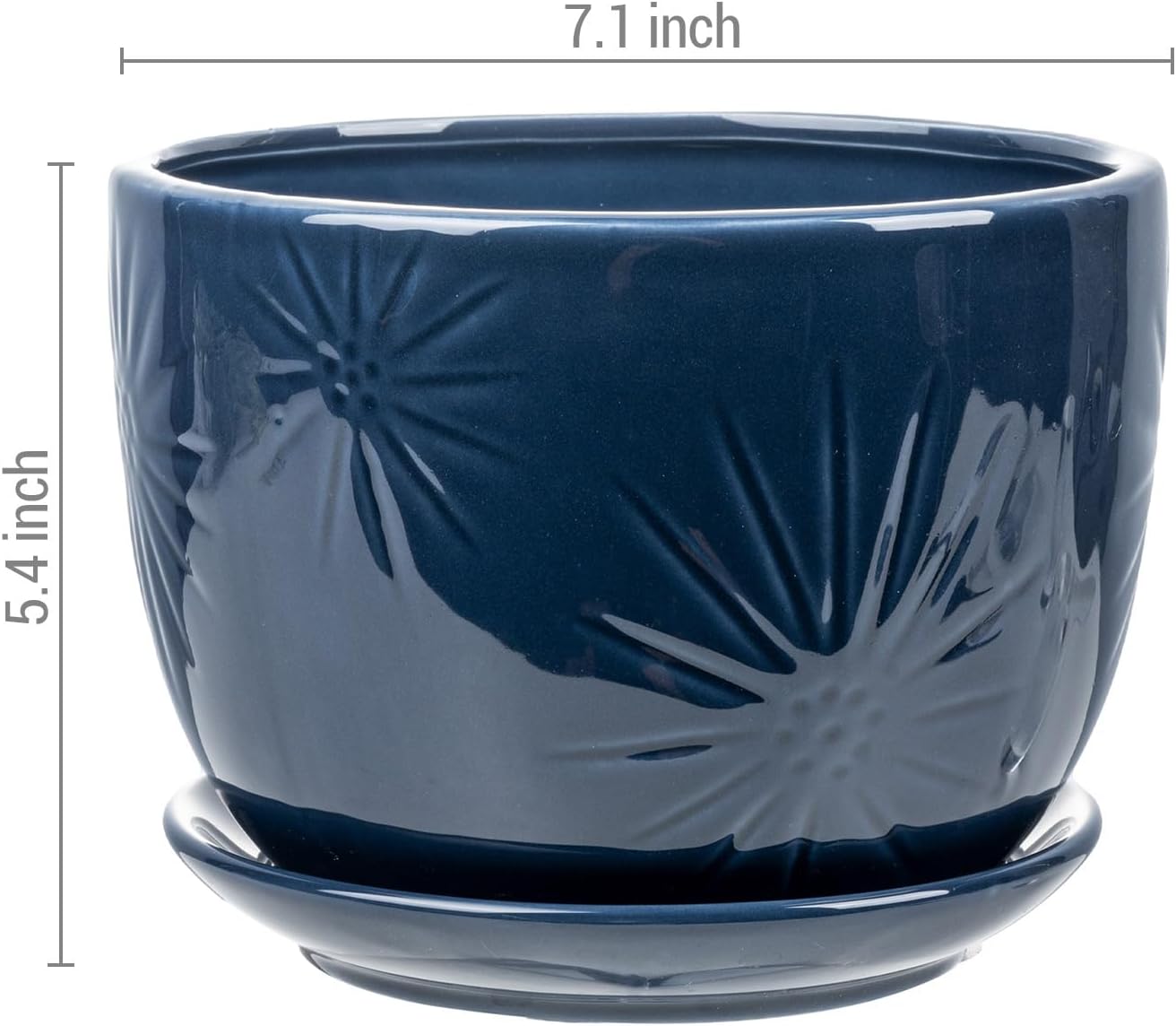 MyGift 7 Inch Round Blue Ceramic Plant Pot with Drainage Hole and Attached Saucer, Modern Decorative Embossed Sunburst Planter Container for Indoor Home Garden