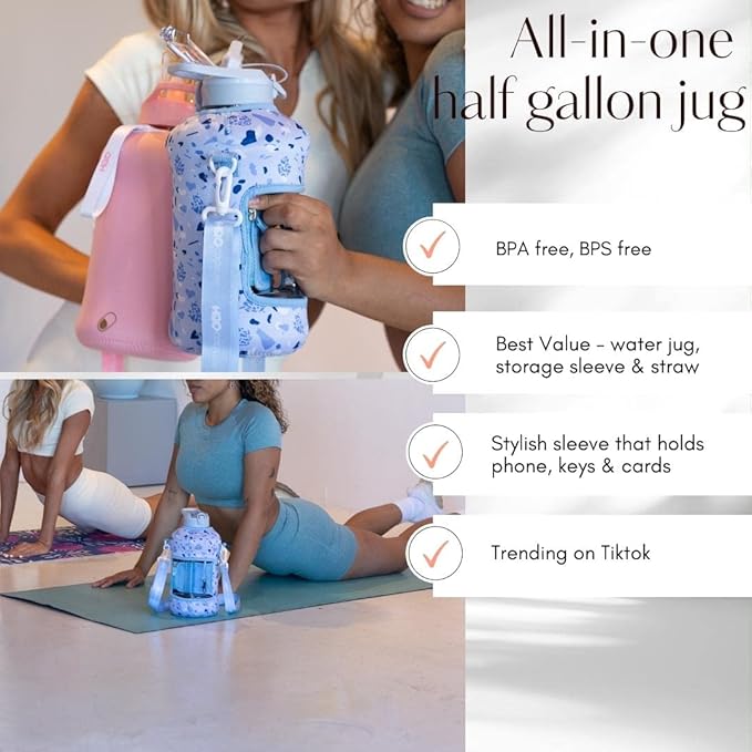 H2O Capsule 2.2L Half Gallon Water Bottle with Storage Sleeve and Covered Straw Lid – BPA Free Large Reusable Drink Container with Handle - Big Sports Jug, 2.2 Liter (74 Ounce)