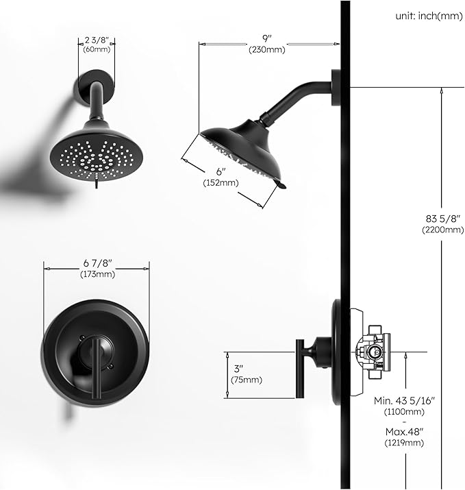Black Bathroom Shower Faucet Set: WOWOW Shower Combo Set with 6-Inch Rain Shower Head, Single Handle Shower Trim Kit Modern Shower System High Pressure (Valve Include）