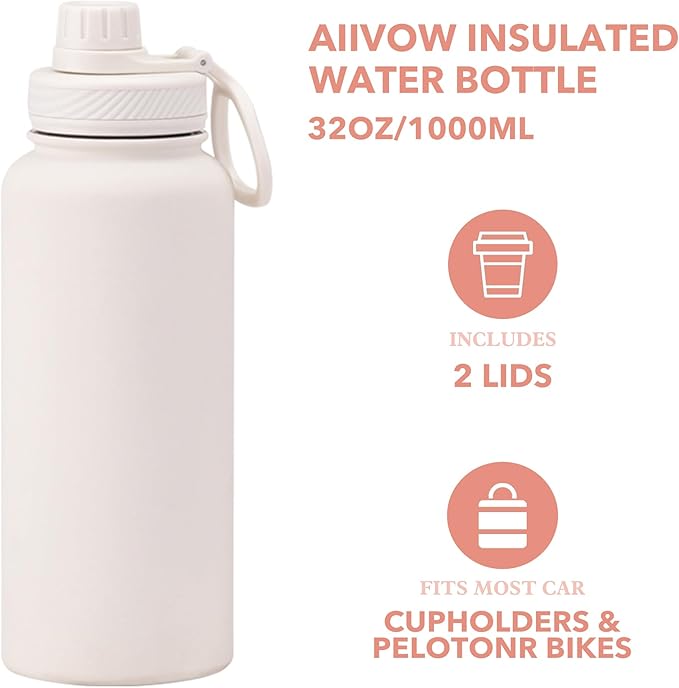 White 32 OZ Insulated Water Bottle, Cream Large Metal Insulated Stainless Steel Water Flask, Big Sports Travel Water Bottle with 2 Lids, Insulated Thermos Thermal Mug Cup