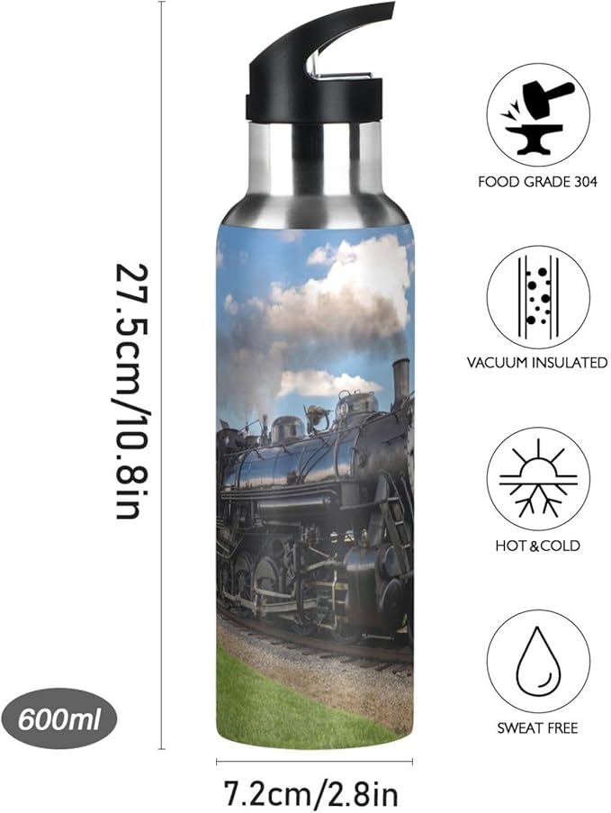 Vintage Steam Train Stainless Steel Water Bottle with Straw Lid - 20 Oz Sports Insulated Water Bottle Thermos for Sport Gym Outdoor Travel School (B-000)