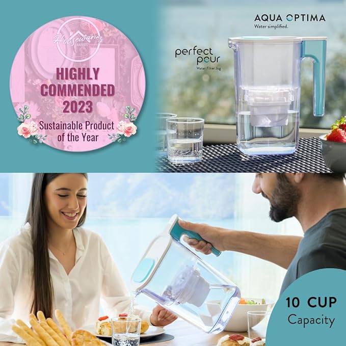Perfect Pour Large 10 Cup Water Filter Pitcher by Aqua Optima, Reduces Microplastics, Ergonomic, Eliminates Splashes and Spills, BPA Free, NSF Certified, Includes 3 Evolve+ Water Filters, Blue