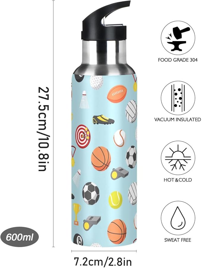 Sport balls Stainless Steel Water Bottle with Straw Lid - 20 Oz Sports Insulated Water Bottle Thermos for Sport Gym Outdoor Travel School (DZ001)