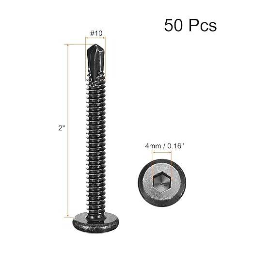 uxcell Hex Socket Self Tapping Screws, #10 x 2 410 Stainless Steel Sheet Metal Flat Head Drilling Screw 50pcs, Black