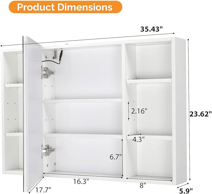 VINGLI 36Inch Medicine Cabinet with Lights, Lighted Medicine Cabinet with Mirror, Bathroom Vanity Mirror with Storage,Wall Mounted Anti-Fog Dimmable Light and Color Adjustment,5.9" D x 36" W x 24" H