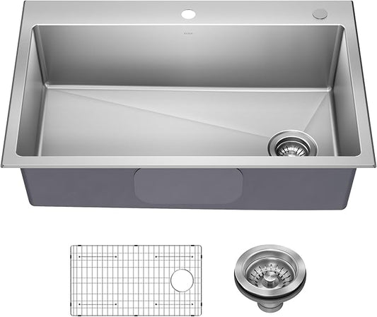 KRAUS Fairlane 33-inch Drop In/Top Mount Single Bowl 18-Gauge Stainless Steel Kitchen Sink, KHT640-33
