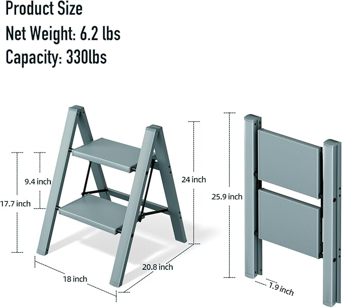2 Step Ladder,Aluminum Folding Step Stool for Adults,Step Ladder with Wide Anti-Slip Pedal,330 lbs Capacity for Home,Office,Kitchen,Library(Blue)