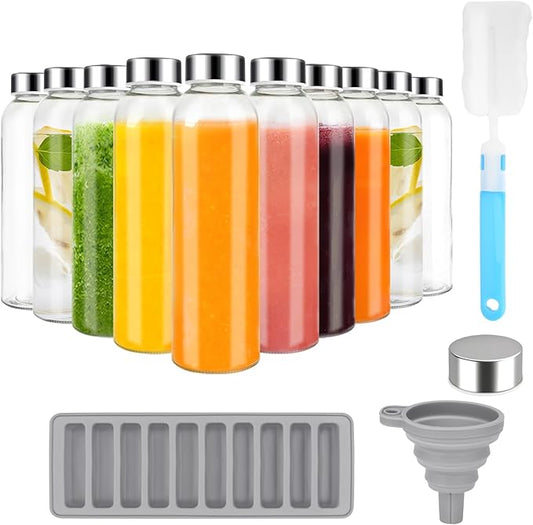 Glass Juice Bottles with Lids for Juicing 18 oz, Reusable Clear Glass Water Bottles with Stainless Steel Airtight Cap for Refrigerator, 100% Leak Proof, BPA Free, Set of 10