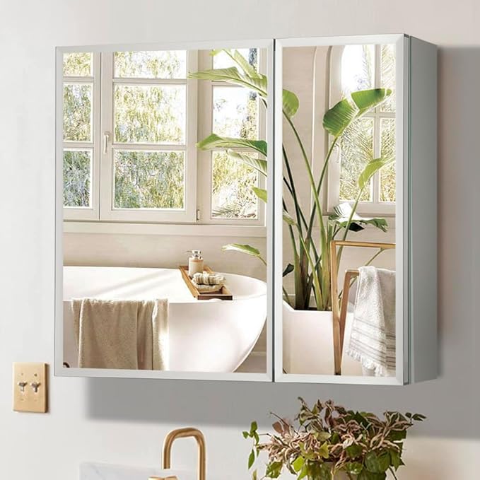Double Doors Medicine Cabinet with Mirror, 30 inch X 26 inch Aluminum Bathroom Medicine Cabinet, Adjustable Glass Shelves, Waterproof and Rust-Resist, Recess or Surface Mount Installation,Silver