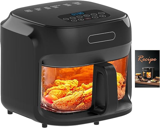 Glass Air Fryer, 7.6QT with Transparent Fry Bowl, Circulating Heating, Temperature Control, Air Fryer Roast, Dishwasher Safe (Black)