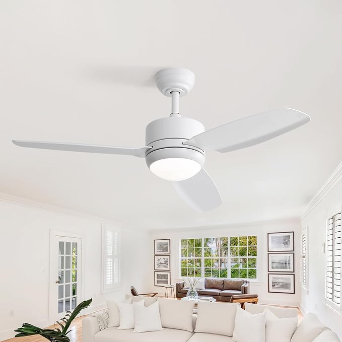 CACI Mall White 46 inch Ceiling Fans with Lights and Remote, Fush Mount low Profile Ceiling Fan, Modern,3 Blade,6 Speed DC Motor,Quiet,Small Ceiling Fan for Bedroom Indoor/Outdoor Use