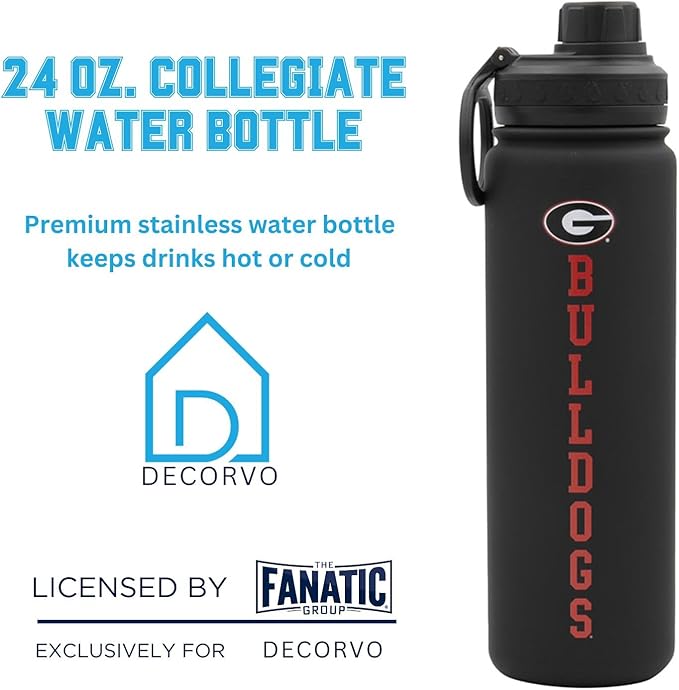 Georgia Bulldogs Water Bottle - Black Double Walled Stainless Steel 24 oz Keeps Drinks Cold or Hot