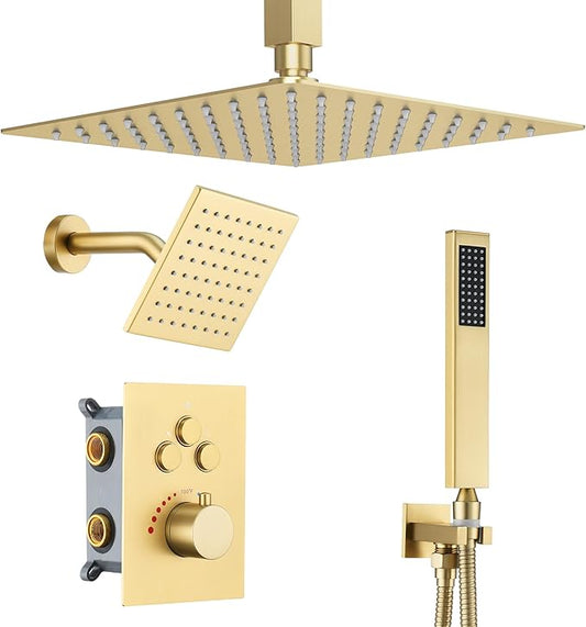 Brushed Gold Thermostatic Shower System with Ceiling 12-Inch Rainfall Shower & Wall Mount 6-Inch High Pressure Shower Head, Dual Shower Heads Set with Handheld Sprayer Full Body Shower Faucet
