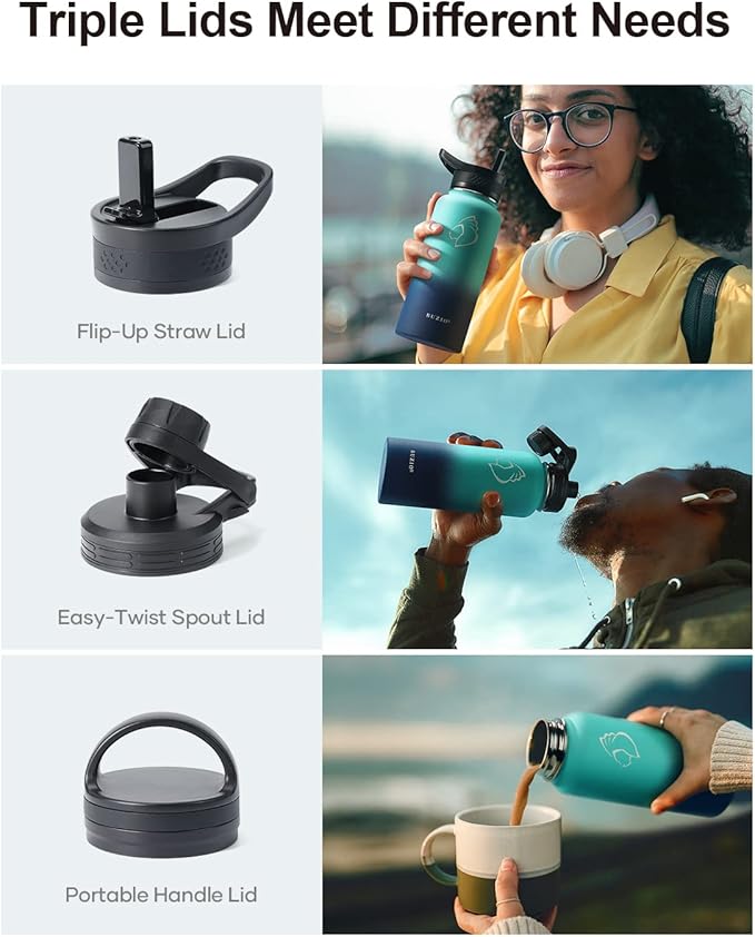 BUZIO Water Bottle with Straw lid, Spout Lid, Hand Lid and Carrying Pouch, 32oz 40oz 64oz Stainless Steel Water Flask Jug, Cold for 48 Hrs Hot for 24 Hrs Double Vacuum Thermo Canteen Mug, BPA-Free