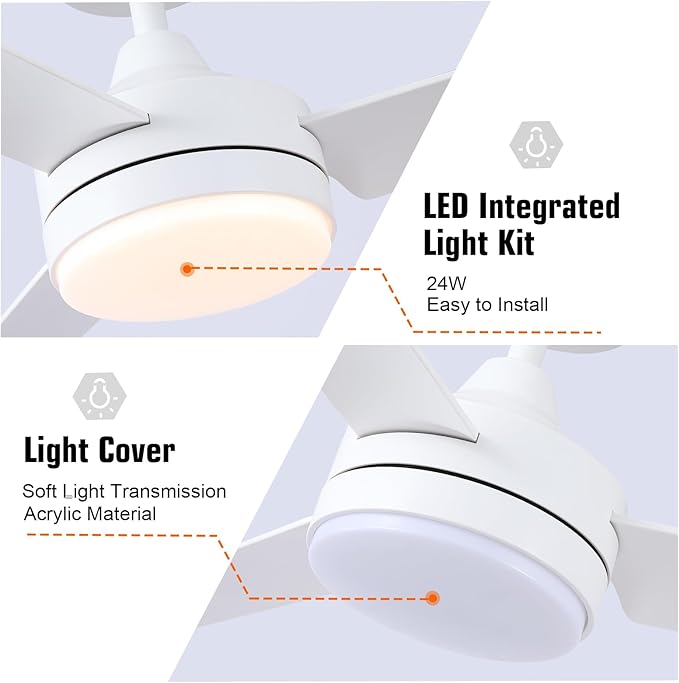 White Ceiling Fans with Lights,Modern 52-Inch Ceiling Fans DC Motor, Remote Control, 6-Speed Adjustable, Dimmable - Ideal for Living Room, Bedroom, Dining Room