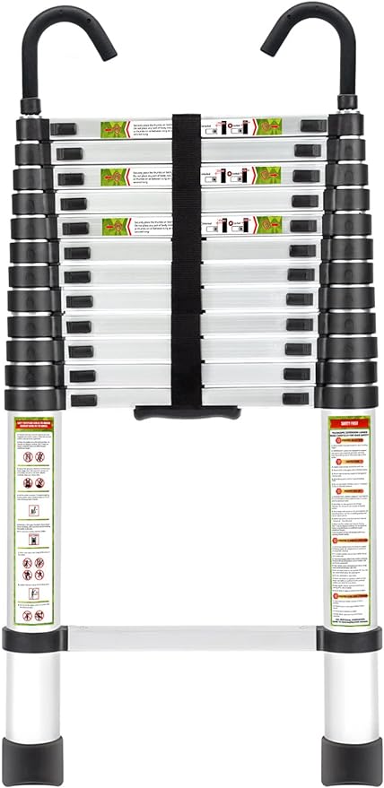 Telescopic Ladder, 12.5FT RIKADE Aluminum Telescoping Ladder with Non-Slip Feet and Stable Hook, Portable Extension Ladder for Household and Outdoor Working, 330lb Capacity