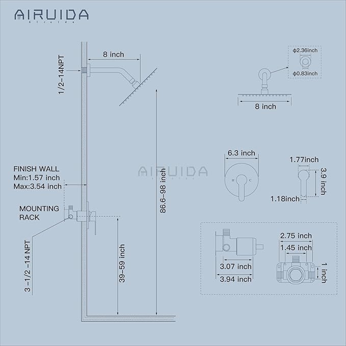 Airuida Shower Faucet Set,8 Inch Round Rainfall Shower Head,SUS304 Stainless Steel Single Handle Shower Trim Kit,Wall Mount Bathroom System with Male Threads Valve Brushed Nickel
