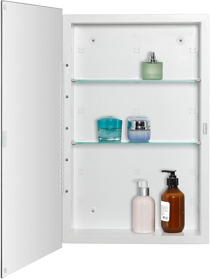 Bathroom Medicine Cabinet with Beveled Edge Mirrored Door 15 x 24 inch, Recessed or Surface Mount, with Adjustable Glass Shelves