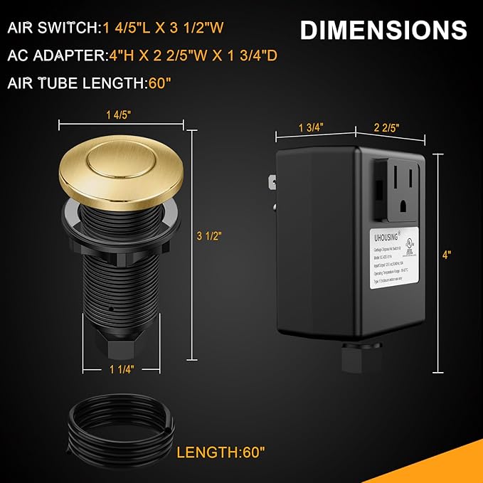 Garbage Disposal Air Switch Kit - UL Certified Sink Top Switch with Long 3.5" Brass Button by UHOUSING, Complete All-in-One Kit for All Disposals (Brushed Gold)