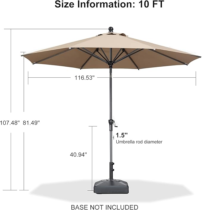 PURPLE LEAF 10' Round Patio Umbrella Outdoor Table Umbrella Aluminum Frame Market Umbrella Sun Umbrella with 8 Sturdy Ribs Tilt for Garden Deck Lawn Pool Taupe